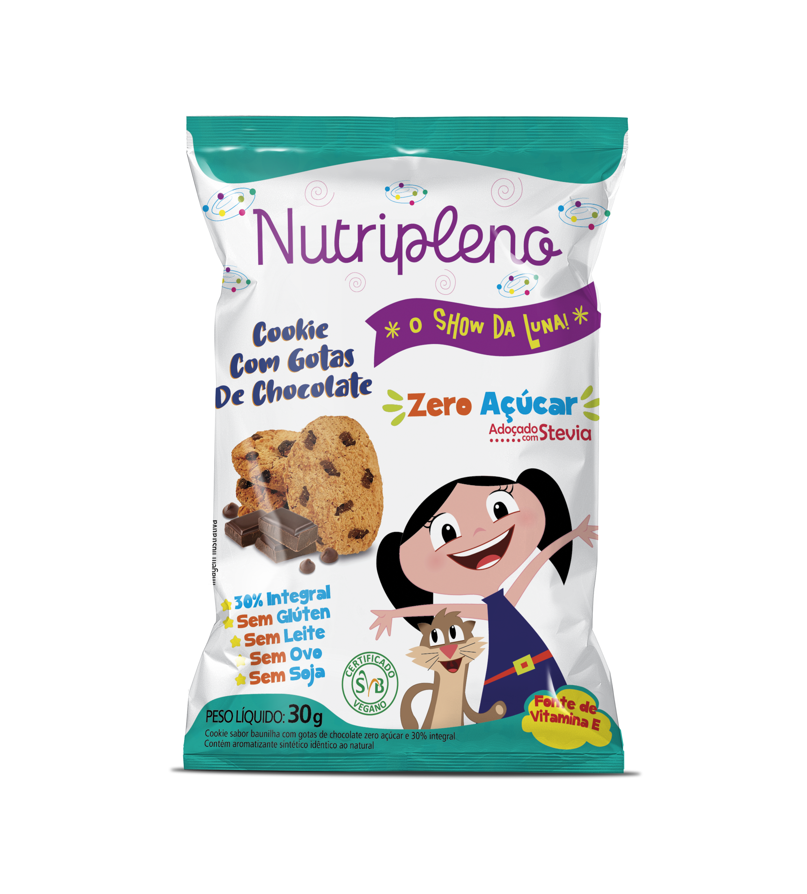 Cookie Com Gotas de Chocolate s/ Adição de Açúcar - O Show da Luna 30g